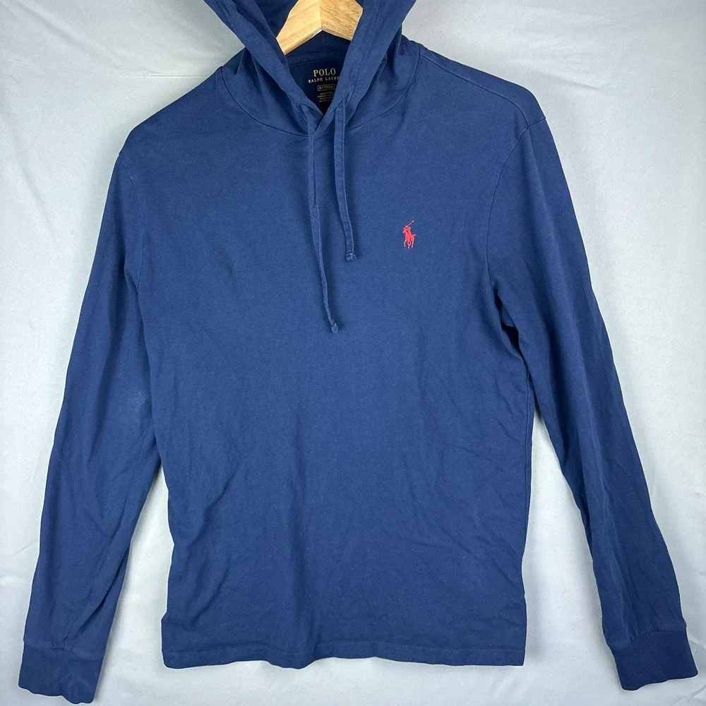 Polo Ralph Lauren Long Sleeve Hooded Shirt Mens Medium‎ Pima Cotton Navy Blue